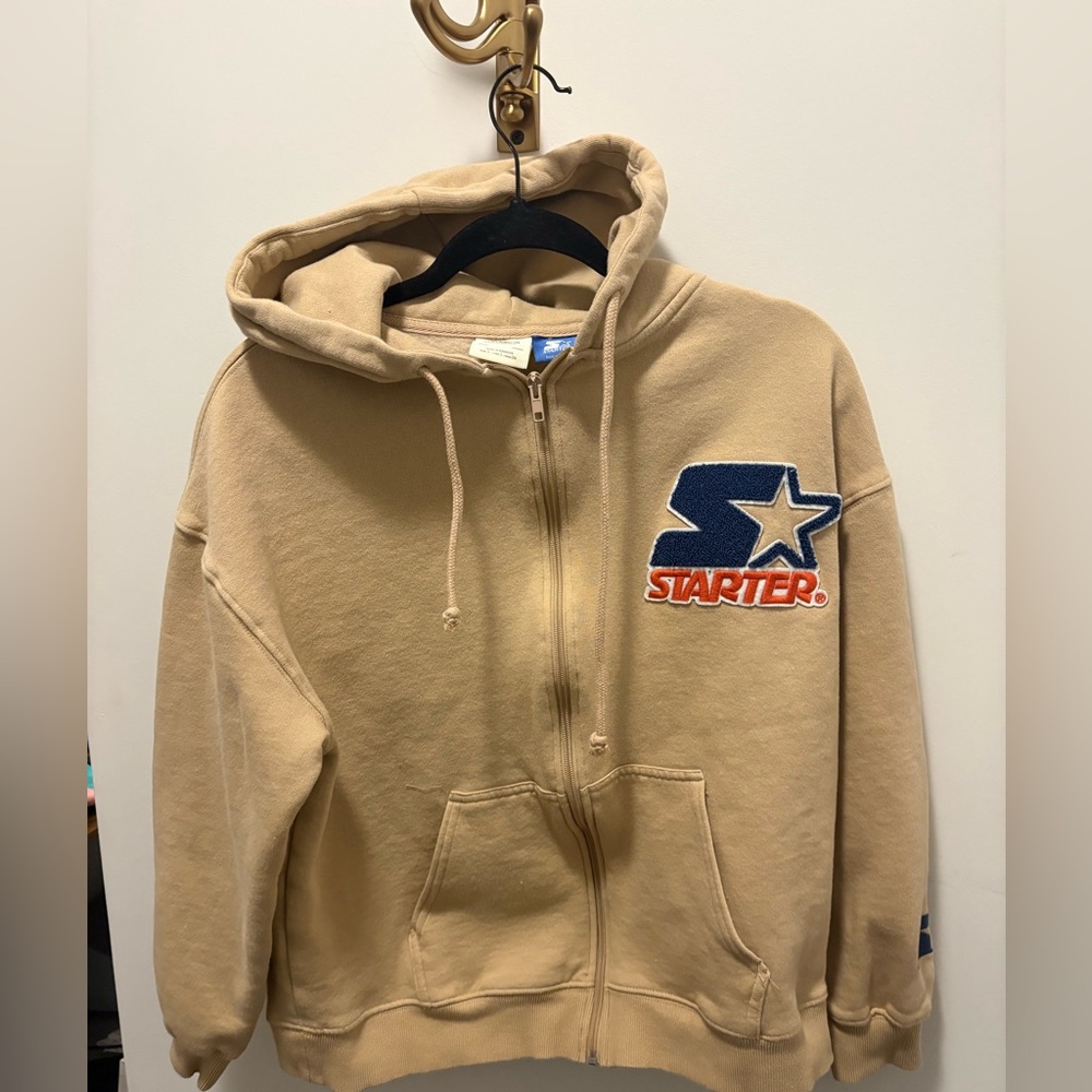 Pull&Bear Beige Zip Hoodie with Starter Patch